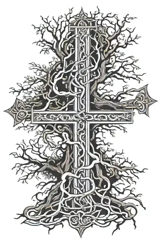 Tree Roots Connecting To Jesus On The Cross Intertwined