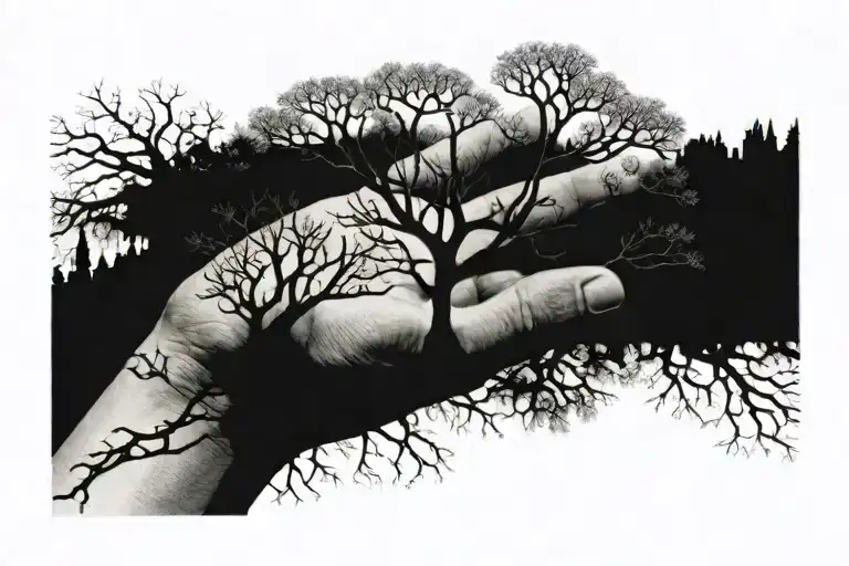Long Leafless Tree Growing From A Male Finger Hand
