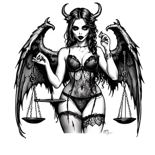 Scary Girl In Sexy Lingerie With Demon Wings Holds Scales Of Justice