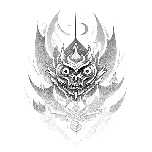 A Surrealistic Tattoo Combining Elements From Different Fantasy Games In Blackwork Style