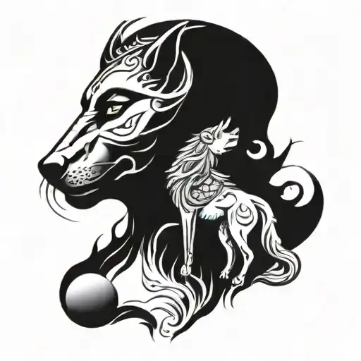 Lord Shiva's Shadow With A Moon Surrounded And A Wolf