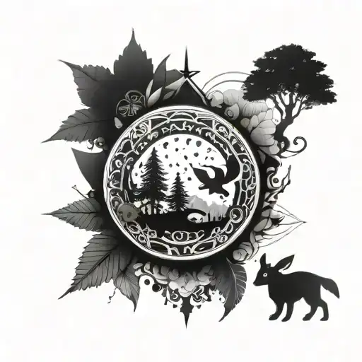 Pokemon And Forest With Mandala Design Incorporating Elements
