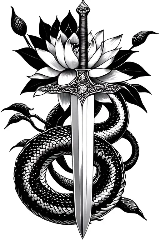 A Sword Going Down With An Anaconda Around It And A Black Lotus Flower In It
