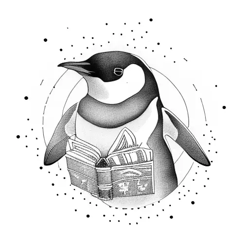 A Poetic Penguin Walking Through A Cityscape Filled With Literary Symbols And Landmarks