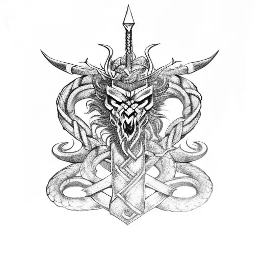 A Mythical Viking Dragon Intertwined With Thor's Hammer