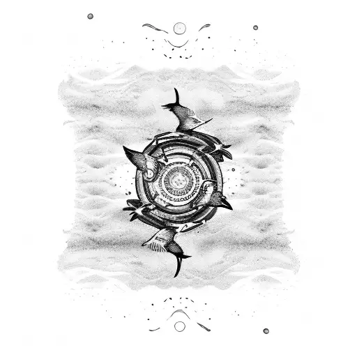 A Car Tire Track Leading Into The Ocean With Seagulls Flying Above