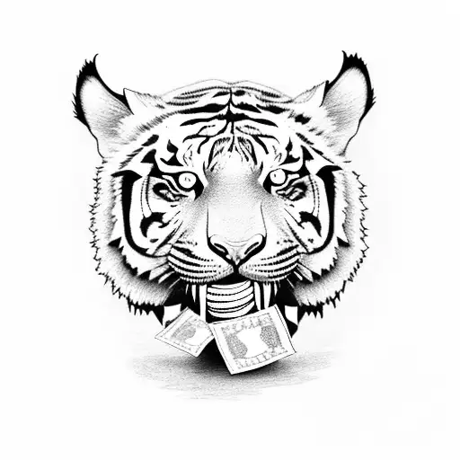 A Fierce Tiger Holding A Stack Of Money In Its Mouth