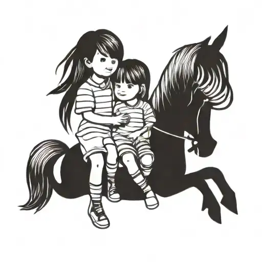 Little Boy And Little Girl On Same Pony Sketch Style Raw