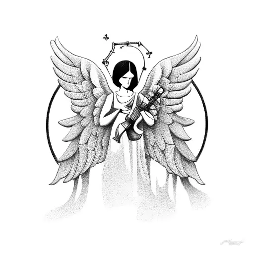 A Surreal Design Of An Angel Playing A Golden Ak 47 Like A Musical Instrument In A Blackwork Style