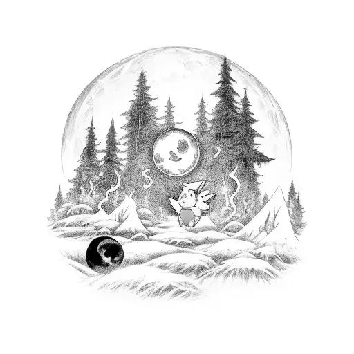 A Mystical Forest Scene With Pokemon Characters Hidden Among The Trees And The Moon Shining Above