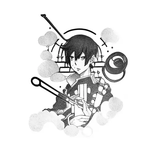 An Anime-inspired Tattoo Featuring A Character Playing A Musical Instrument In A Coffee Shop Setting