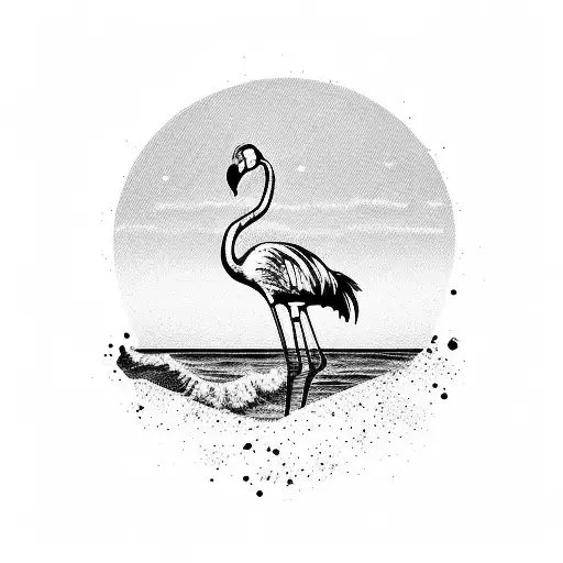 A Majestic Flamingo Standing On A Beach With A Sunset Background