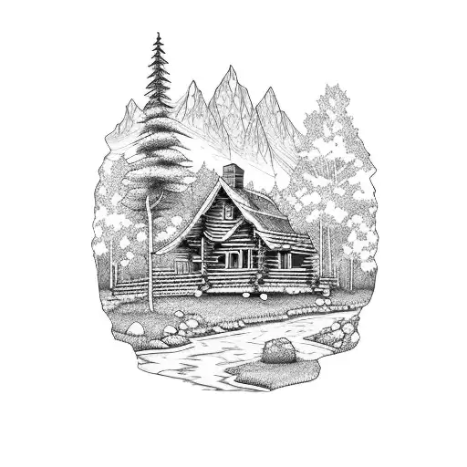 Log Cabin With Creek In Front Of It And Mountain Range In The Back