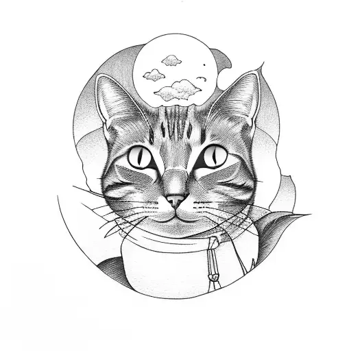 Cat Looking Too Window And See Forest With Moon