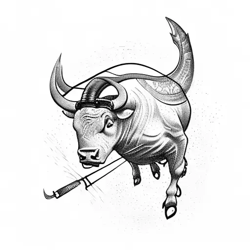 A Sketch Style Tattoo Of A Fisherman Reeling In A Giant Stock Market Bull
