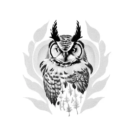 Great Horned Owl With Ferns Mushrooms And Flora