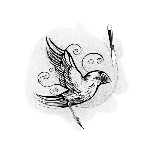 Blackwork Design Of A Paintbrush Transforming Into A Bird