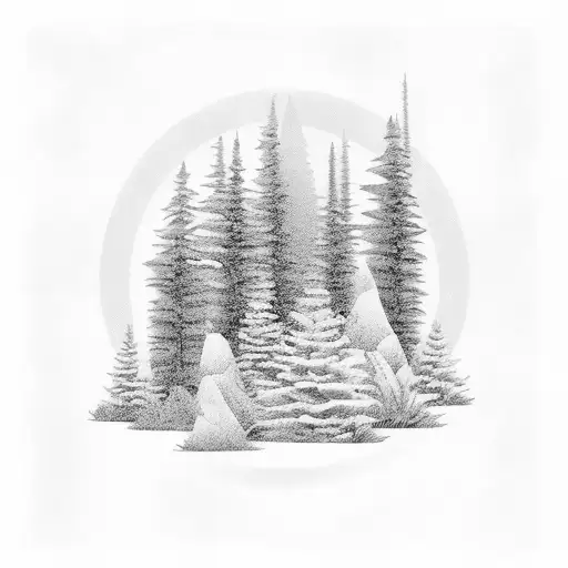 Dad And Kids Hiking In Pine Forest