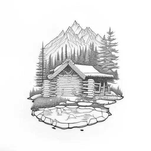 Log Cabin With Small Creek And A Mountain With Some Trees