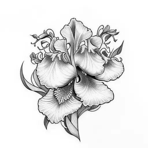 A Beautiful Bouquet Of Iris And Aster Flowers Intertwined Together