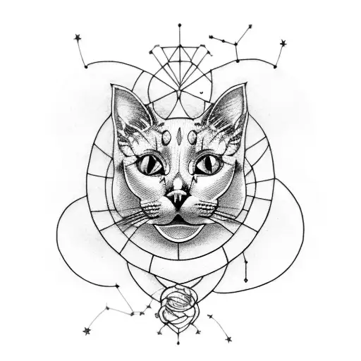 A Blackwork Tattoo Featuring A Cat And Gemini Constellation Intertwined