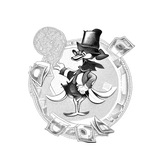 Scrooge The Duck Holding A Bag Of Money With A Background Of Falling Dollar Bills