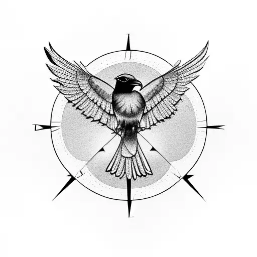 A Raven Standing On A Compass With Intricate Blackwork Details