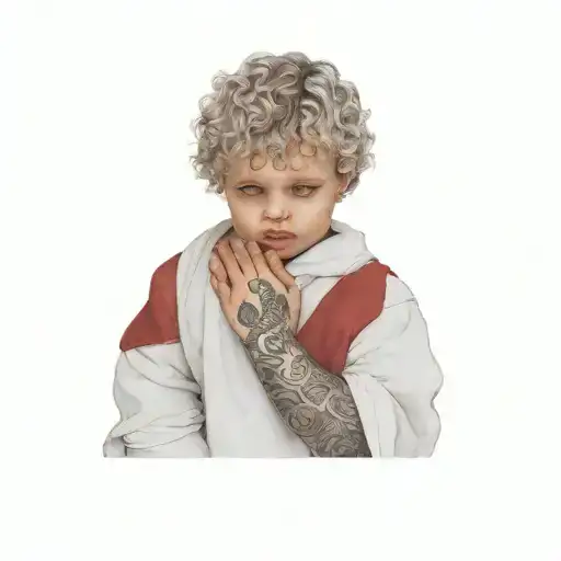 Baby Angel With Curly Blond Hair With Tattoos On His Arms And Hands