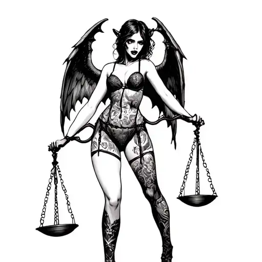 Scary Girl In Sexy Lingerie With Demon Wings Holds Scales Of Justice