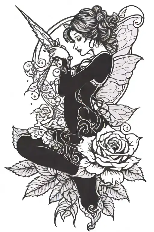 Fairy Leaning On The Stem Of A Rose