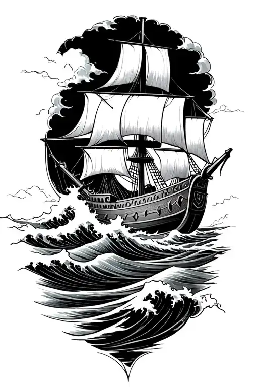 Viking Ship Through Massive Waves In Storm