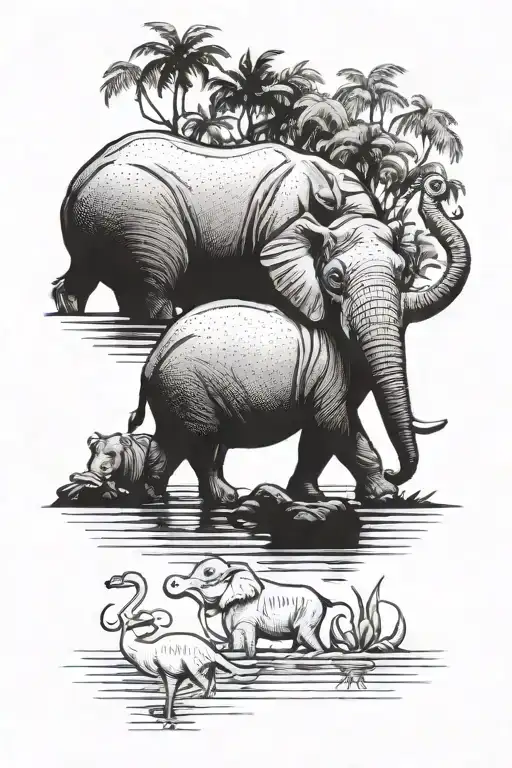 Hippopotamus With Elephant And Flamingos