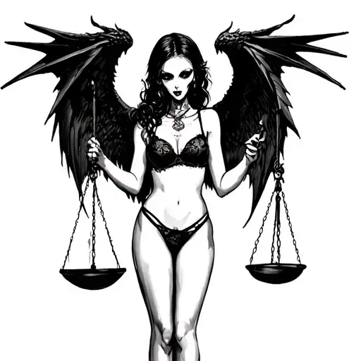 Scary Girl In Sexy Lingerie With Demon Wings Holds Scales Of Justice