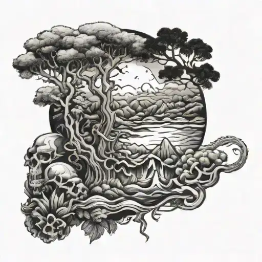 A Tattoo Design Incorporating Australian Landscapes With A Skull And Dragon Motif