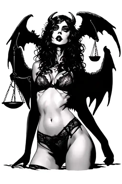 Scary Girl In Sexy Lingerie With Demon Wings Holds Scales Of Justice