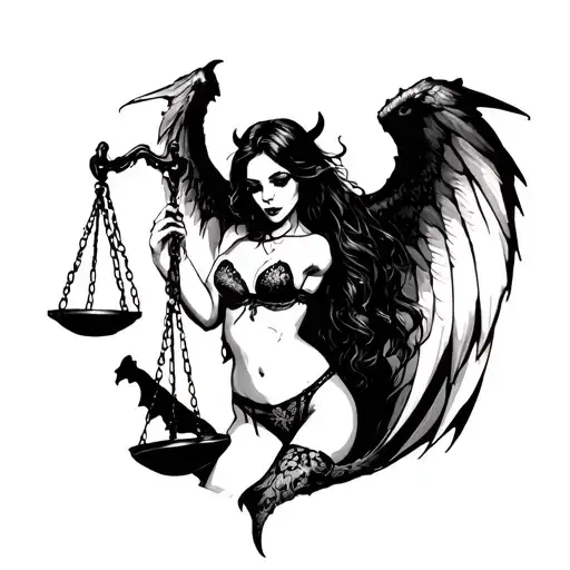 Scary Girl In Sexy Lingerie With Demon Wings Holds Scales Of Justice