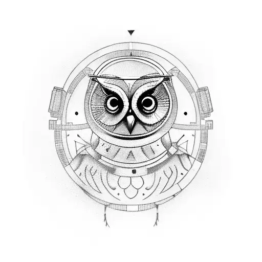 A Blackwork Tattoo Of An Owl Wearing A Space Helmet With An Ai Circuitry Pattern On Its Wings