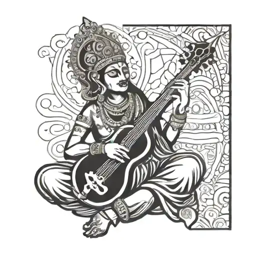 A Blackwork Tattoo Of A Mystical Hindu Deity Playing A Musical Instrument