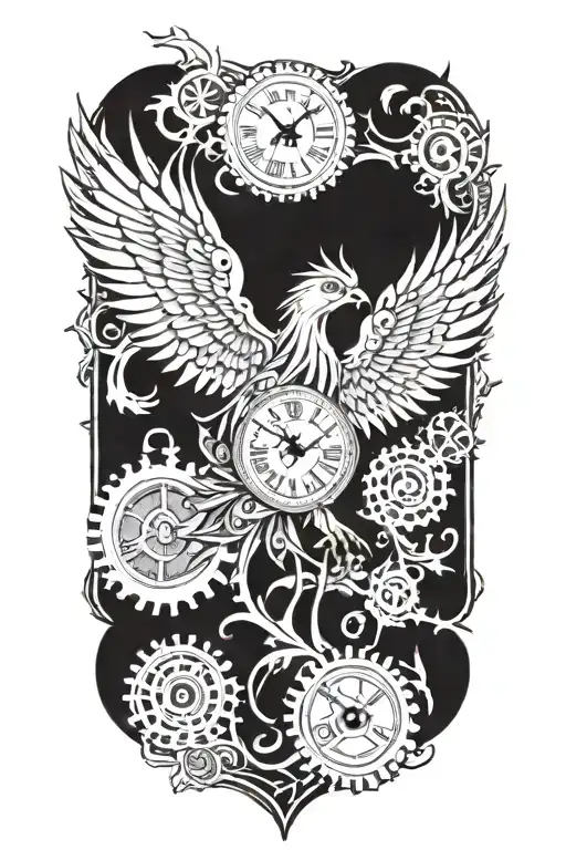 A Phoenix Engulfed In Flames Made Of Clock Gears And Hourglasses