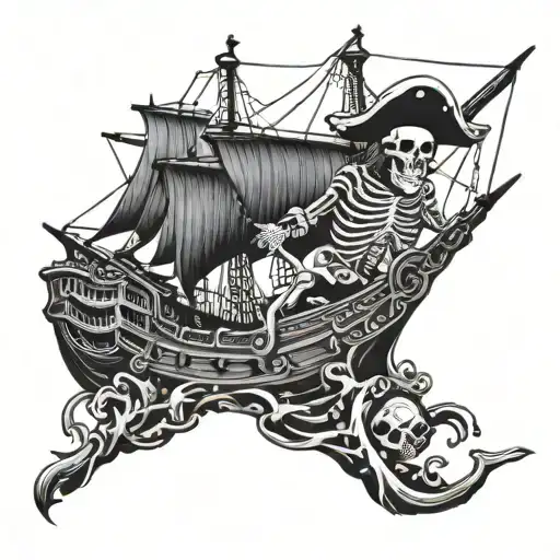 Skeleton Driving Pirate Ship Sailing