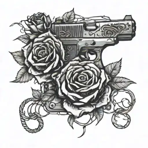 A Glock 19 Surrounded By Black Roses And Barbed Wire
