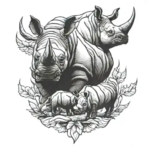 A Tattoo Design Featuring A Family Of Rhinos Symbolizing Strength And Unity