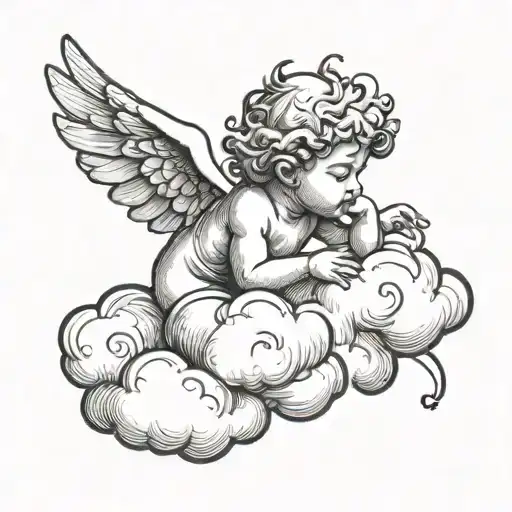 Cherub Angel Sleeping On Clouds Above Old English Lettering Numbers 808 In Clouds