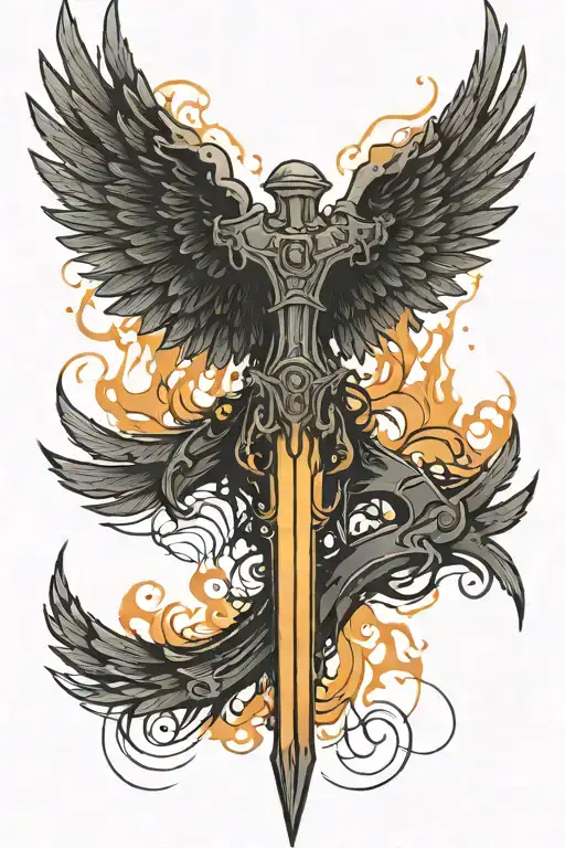 Cyberpunk Black Angel Wings Made Of Swords With Light Orange Fire