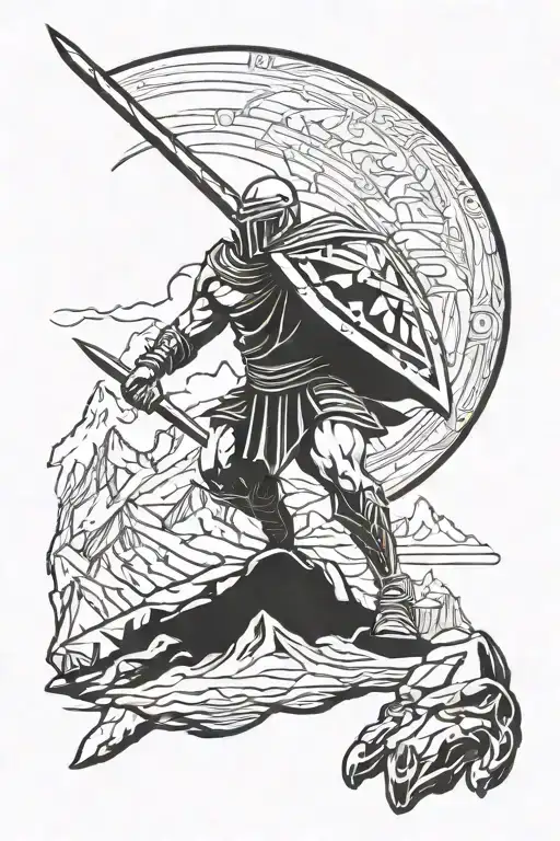 Spartan Warrior Wielding A Sword Surrounded By Mountains