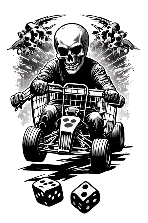 A Tattoo Design Featuring A Cage Kart Racing Scene With A Skull And Dice Motif