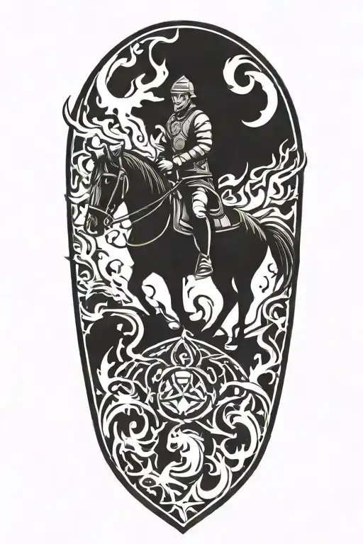 Incorporate Achaemenian Symbols And Motifs Into A Horse Rider Going Through Fire And Flames