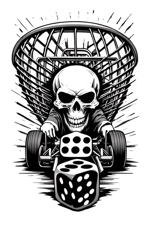 A Tattoo Design Featuring A Cage Kart Racing Scene With A Skull And Dice Motif