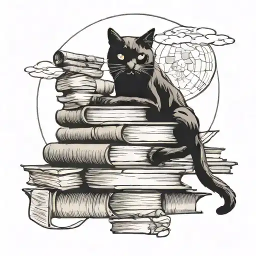 A Mysterious Black Cat Sitting On A Stack Of Books Under A Full Moon
