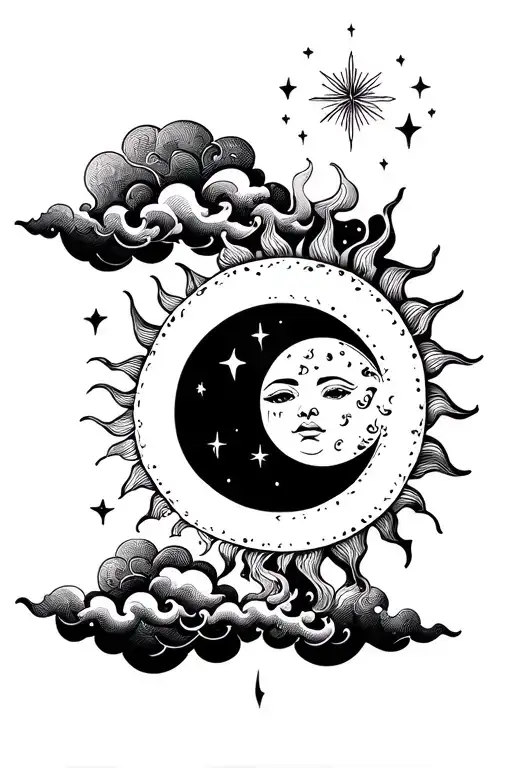 Sun And Moon With Clouds And Stars